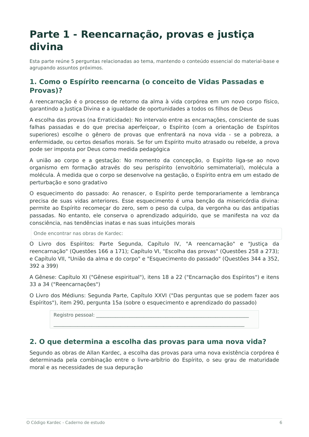 Página real da cartilha: Reencarnação e provas